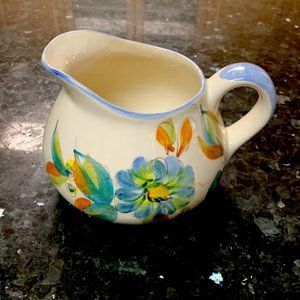 Vintage Hand Painted Portugal Large Art Pottery Pitcher Jug with Blue Flower